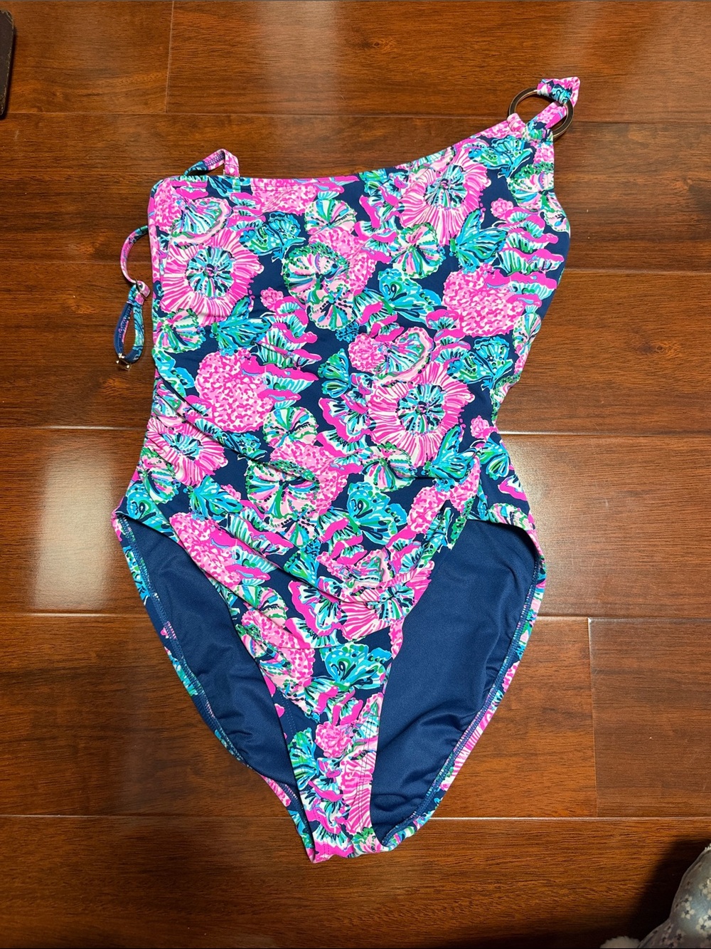 Lilly Pulitzer Navy One-Shoulder One-Piece with Pink & Teal Floral